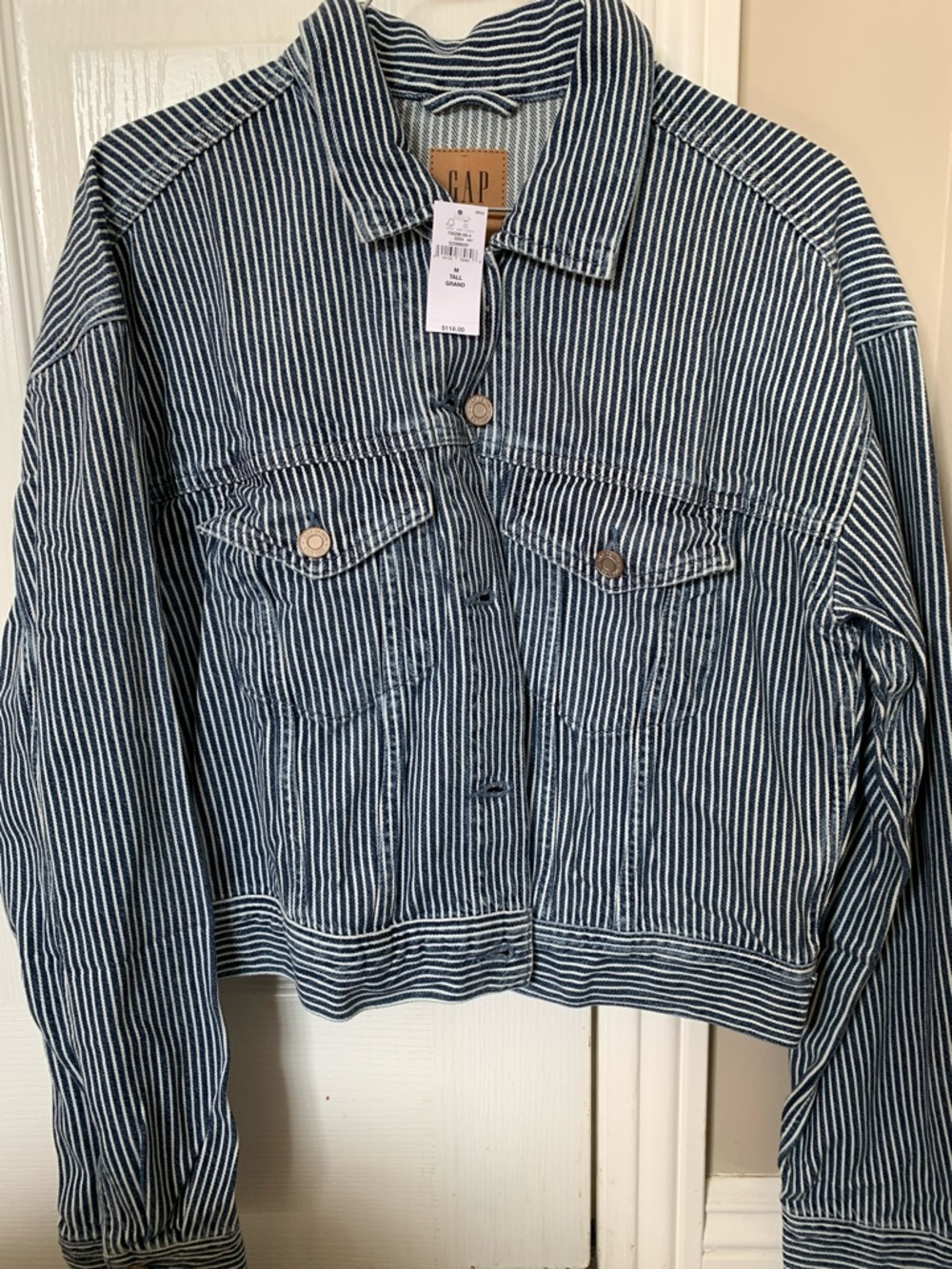 GAP Navy and White Striped Denim Jacket